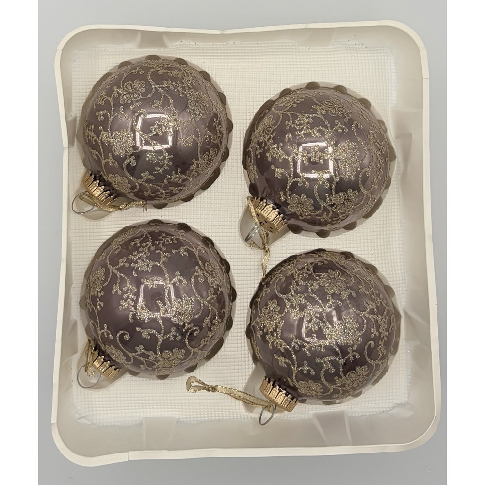 Set Of 4 Christmas By Krebs Ornaments  Satin Glass Purple with Gold Glitter